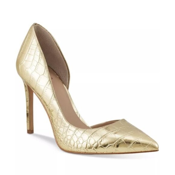 INC Kenjay Gold Crocodile Embossed D'orsay Pumps.  Size 8.  EUC. - Picture 1 of 6